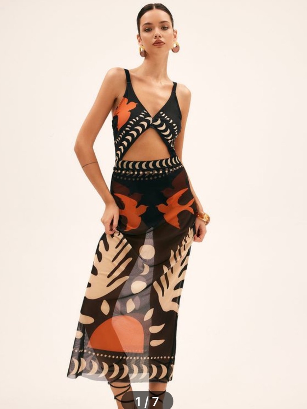Bird Print Mesh Cover-Up Maxi Skirt - Black & Rust